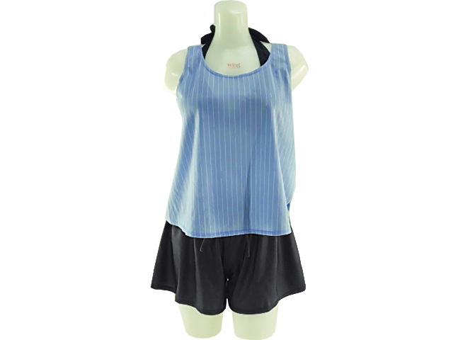 レディース水着 4点セット タンクトップ ホルターネックブラ ショーツ ショートパンツ 体型カバー M ストライプ柄 ネイビー拍卖