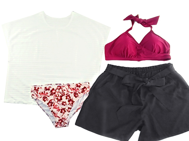 レディース水着 4点セット 透かし編みTシャツ付き ビキニ 体型カバー 大きいサイズ 5L ワインレッド拍卖