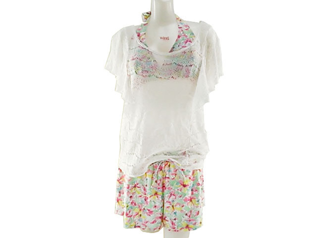 レディース水着 4点セット ビキニ レースTシャツ ショーパン 体型カバー LL フラワー柄 グリーン系拍卖