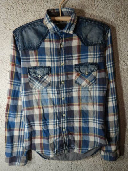 n8669 ZARA MAN ザラ マン 長袖 チェック ウエスタン デザイン デニム 切り替え シャツ 人気 送料格安拍卖