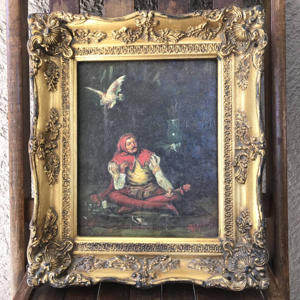 希少品! Very Old 19世紀 アンティーク 絵画 油彩 ピエロ道化師 /アメリカヨーロッパ欧州フランス中世蚤の市ニューヨーク雑貨イギリス拍卖