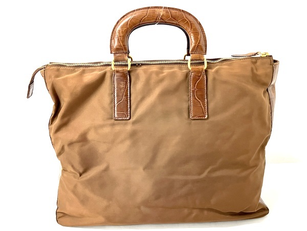 【★即決★】PRADA プラダ テスート ハンドバッグ ビジネスバッグ ナイロン クロコ型押し レザー ブラウン ゴールド金具拍卖