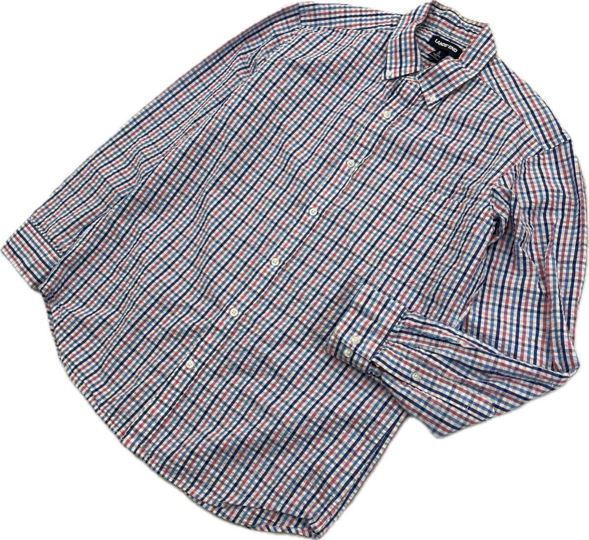 LANDS END ☆ シアサッカー シャツ ブルー ピンク チェック 長袖 L オシャレ 爽やか 大人カジュアル アメカジ 古着 ランズエンド■FA276拍卖