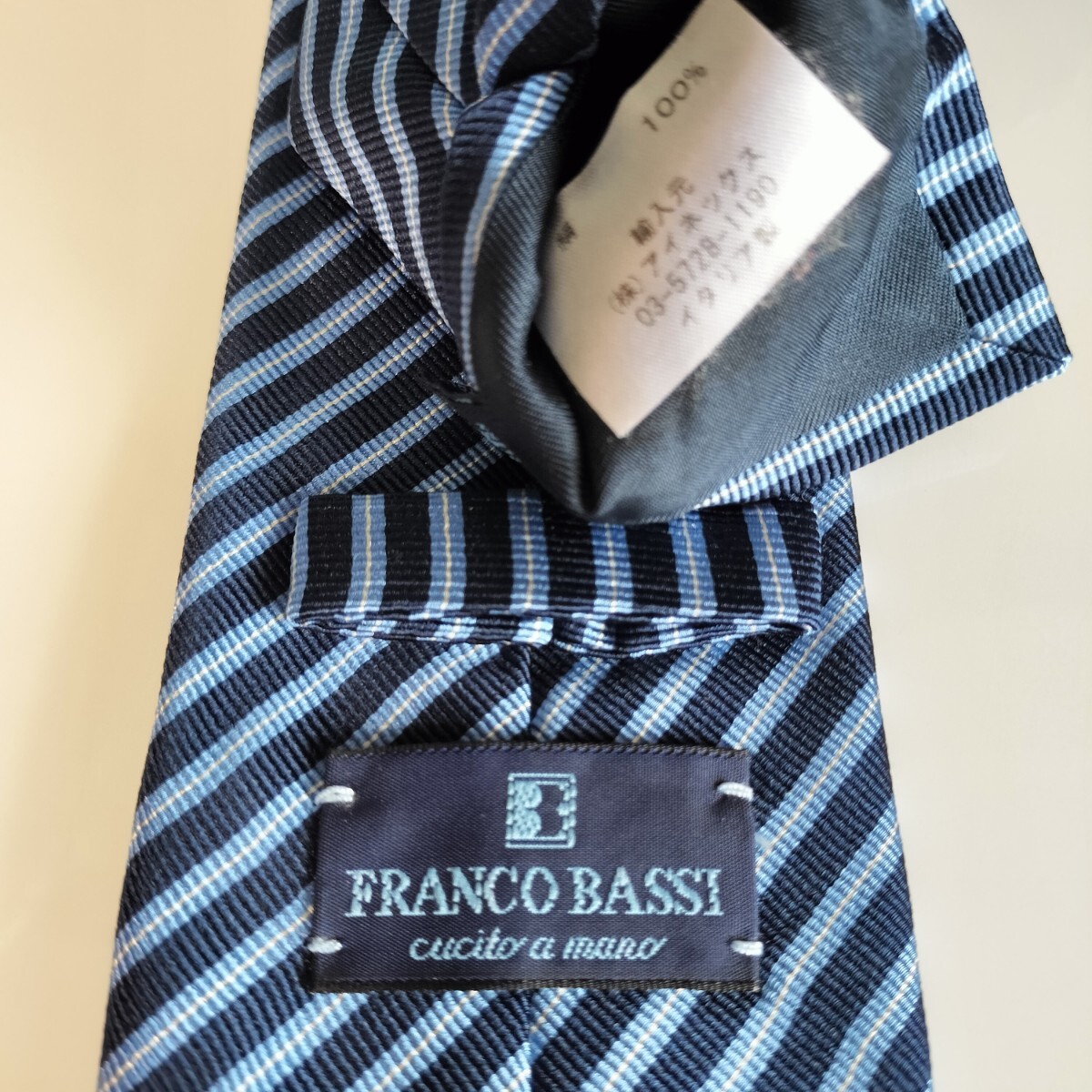 FRANCO BASSI(フランコバッシ)紺水色ストライプネクタイ拍卖