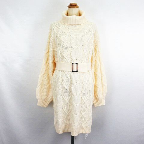 未使用品 イング INGNI ニット ワンピース チュニック 長袖 オフタートル ひざ丈 ケーブル編み M オフホワイト ※EKM レディース拍卖