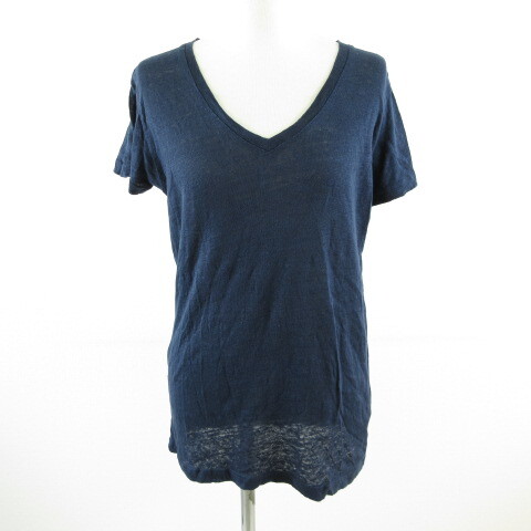 ジャーナルスタンダード レリューム JOURNAL STANDARD relume カットソー Tシャツ 半袖 Vネック リネン 紺 L *T14 レディース拍卖