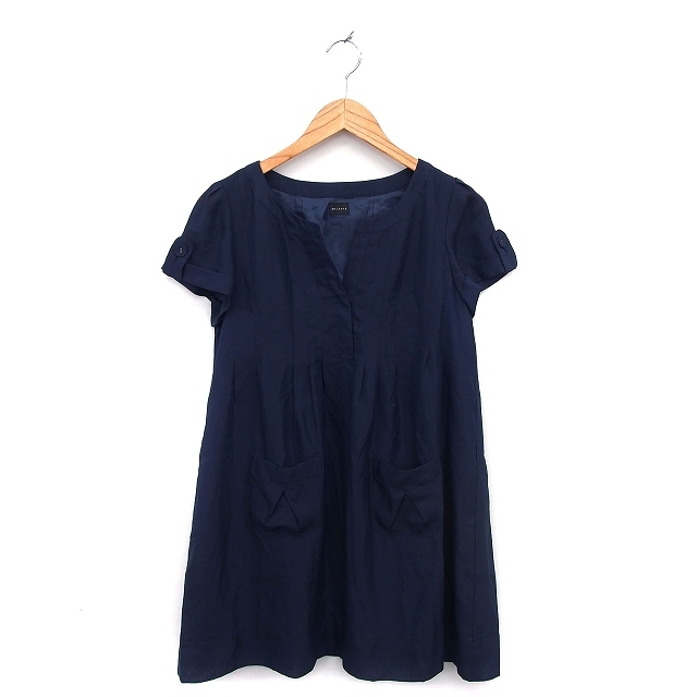 メルローズ MELROSE ワンピース フレア ミニ スリットネック タック 透け感 半袖 紺 ネイビー /NT25 レディース拍卖