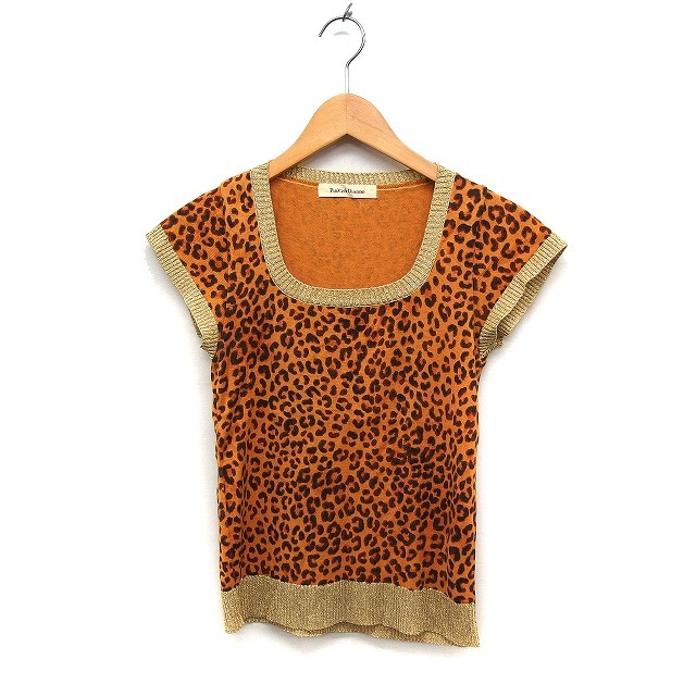 ピンキー&ダイアン PINKY&DIANNE ニット セーター スクープドネック キャップスリーブ レオパード柄 綿混 38 オレンジ /FT33 レディース拍卖