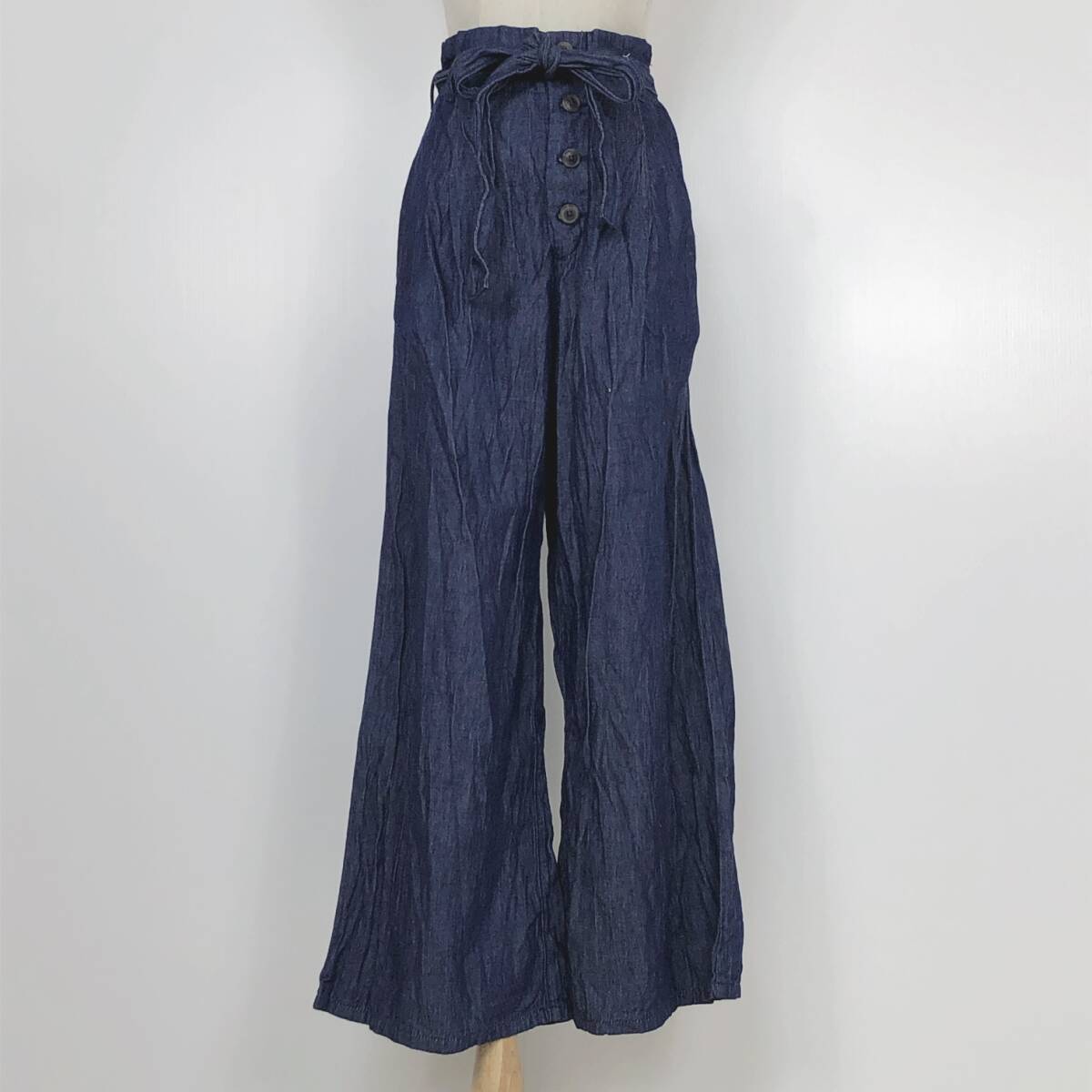 Y1060 GU レディース ボトムスロング丈薄手ウエスト紐付きポケットMサイズ ブルー 青 綿100% シンプル カジュアル かわいい おしゃれ 春秋 拍卖