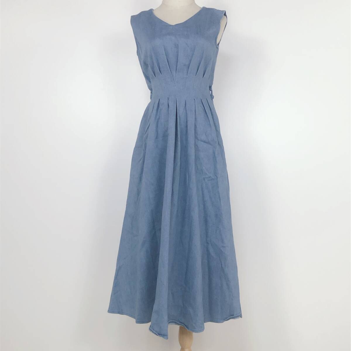 Y1079 And Couture レディースワンピース袖無し薄手ポケット ウエスト紐付き サイズ38 ブルー 青 綿素材含 シンプル おしゃれ 涼しげ 春夏 拍卖