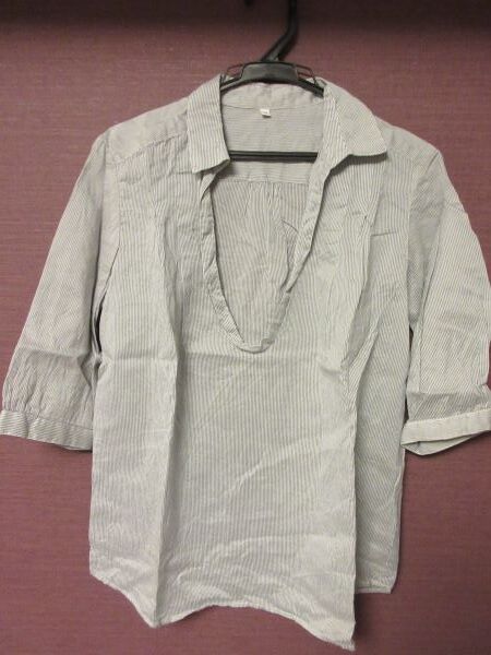 MUJI★無印良品 レディース五分袖スキッパーシャツ/ストライプ柄 M/ライトグレー 美品拍卖