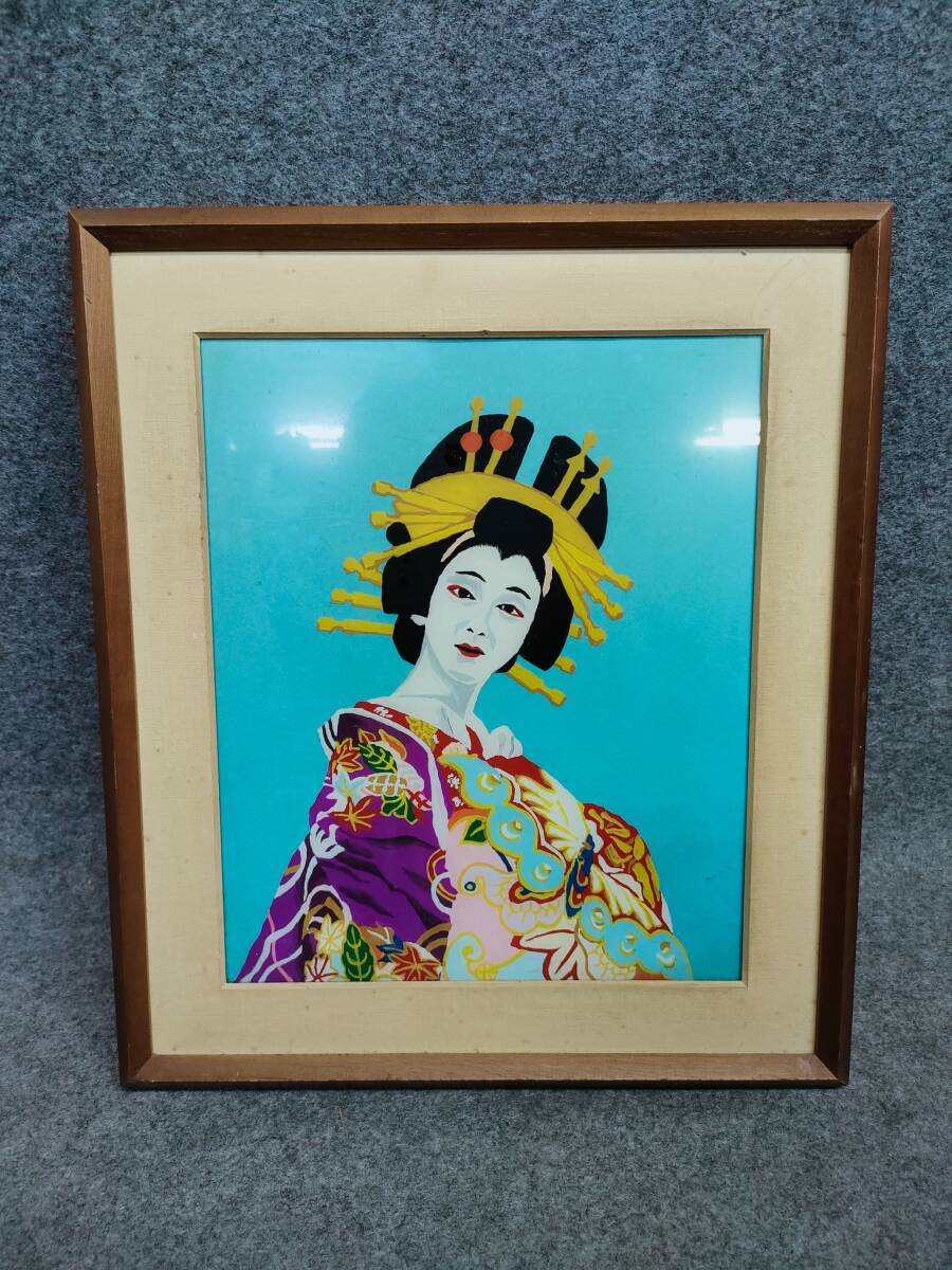 舞妓姿 絵画 紫着物 額縁 木製 茶色拍卖