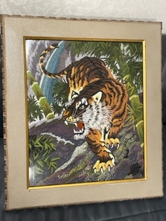 刺繍画 刺繍絵 虎 トラ 猛獣 動物 アンティーク 木製枠入り拍卖