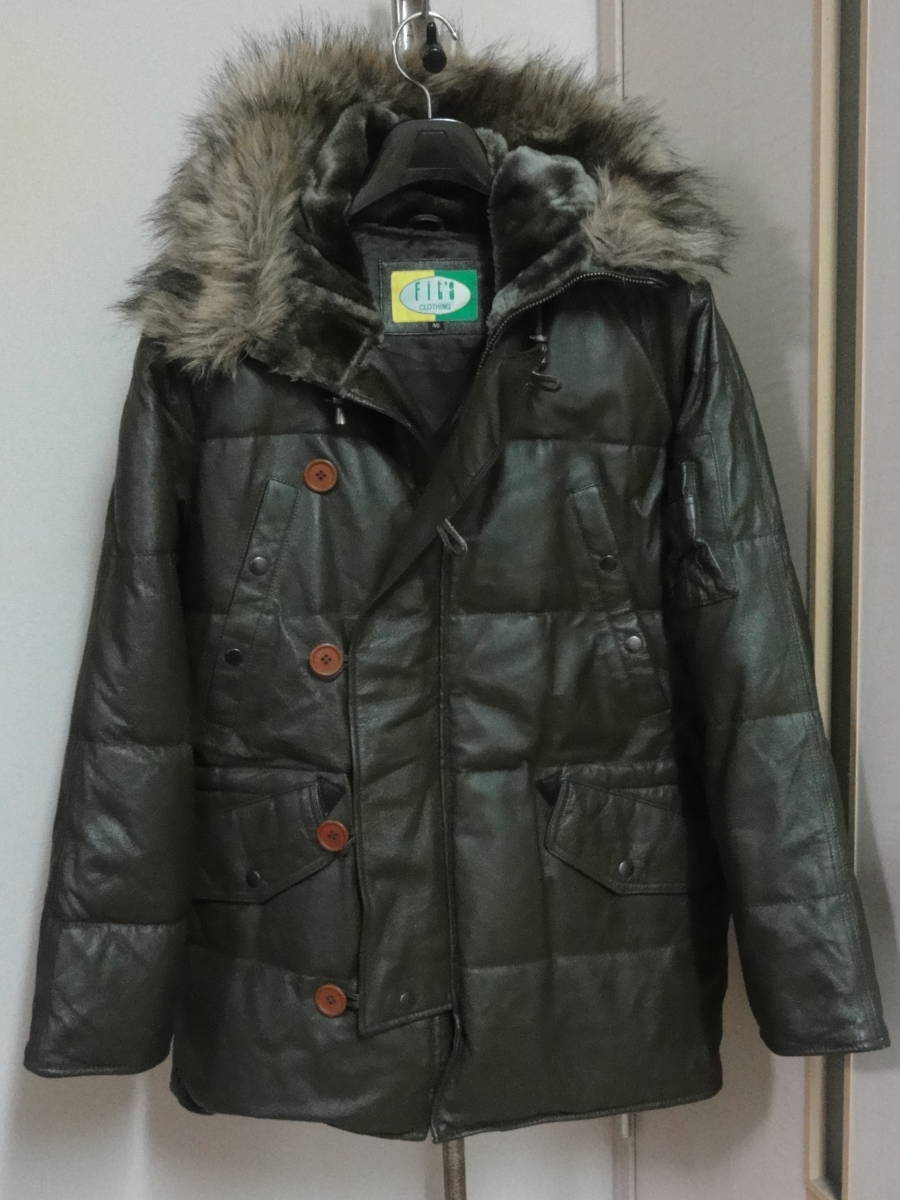 格安特大(胸囲124cm位・総皮革×ダウン70%フェザー30%)レア・FIT'S(フィッツ)・グリーンカーキ系地・高級N-3Bフライトジャケット系ブルゾン拍卖