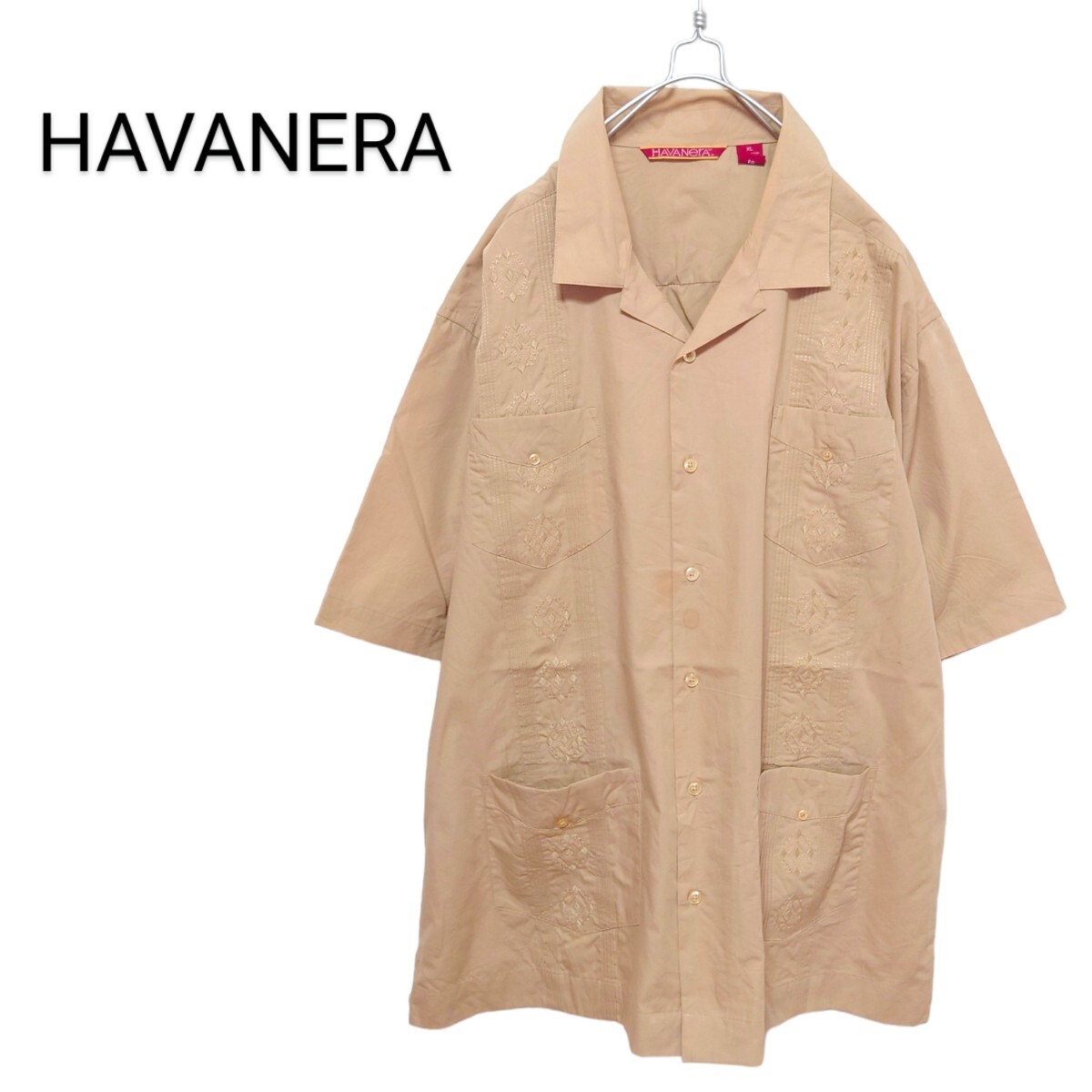 【HAVANERA】刺繍入り オープンカラー キューバシャツ A-1820拍卖