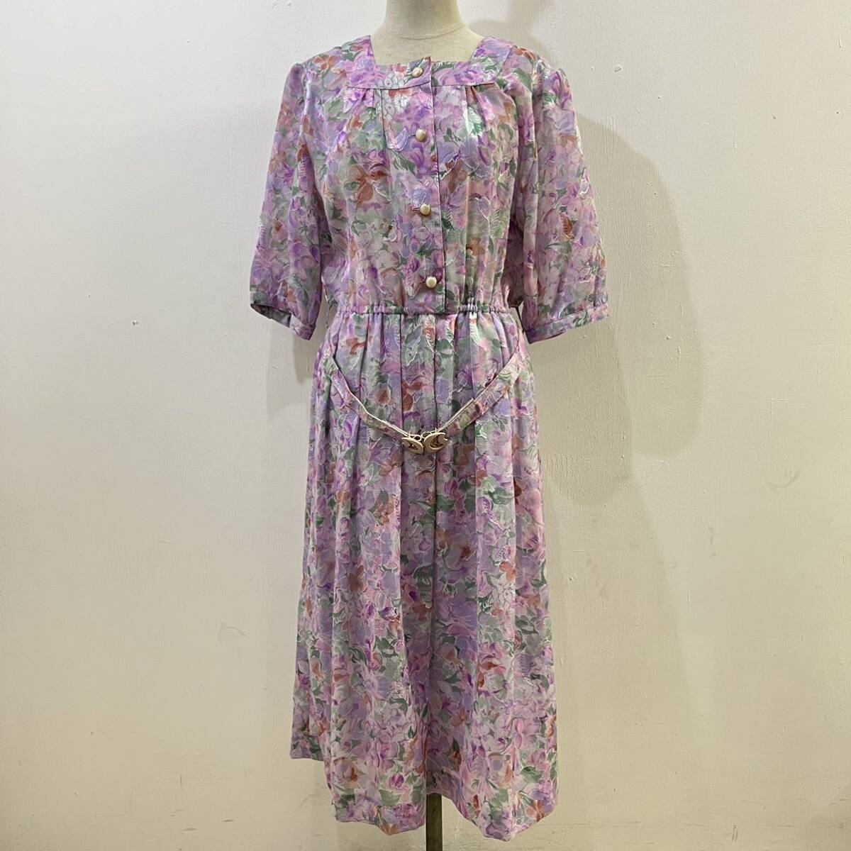 VINTAGE 昭和レトロ ジャパンビンテージ ロングワンピース 総柄ワンピース Ladies Mode 花柄ワンピース ピンク 紫【送料一律/同梱可能】N拍卖