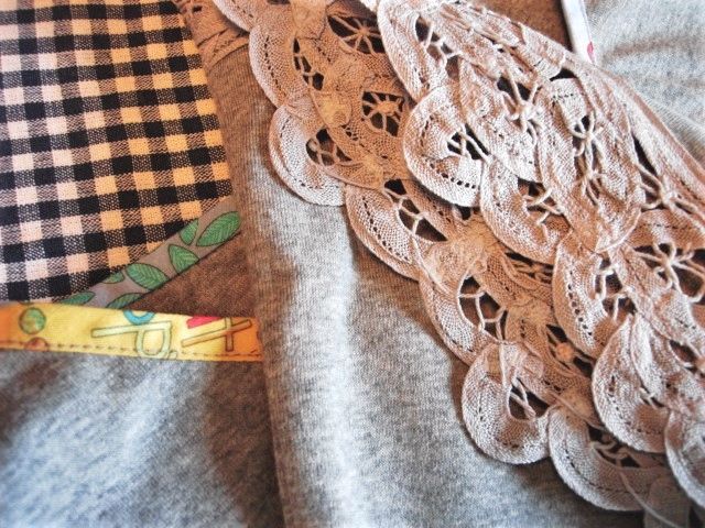 裾バテンレースノースリーブPO★杢グレー綿ニット+グレーバテン ハンドメイド拍卖