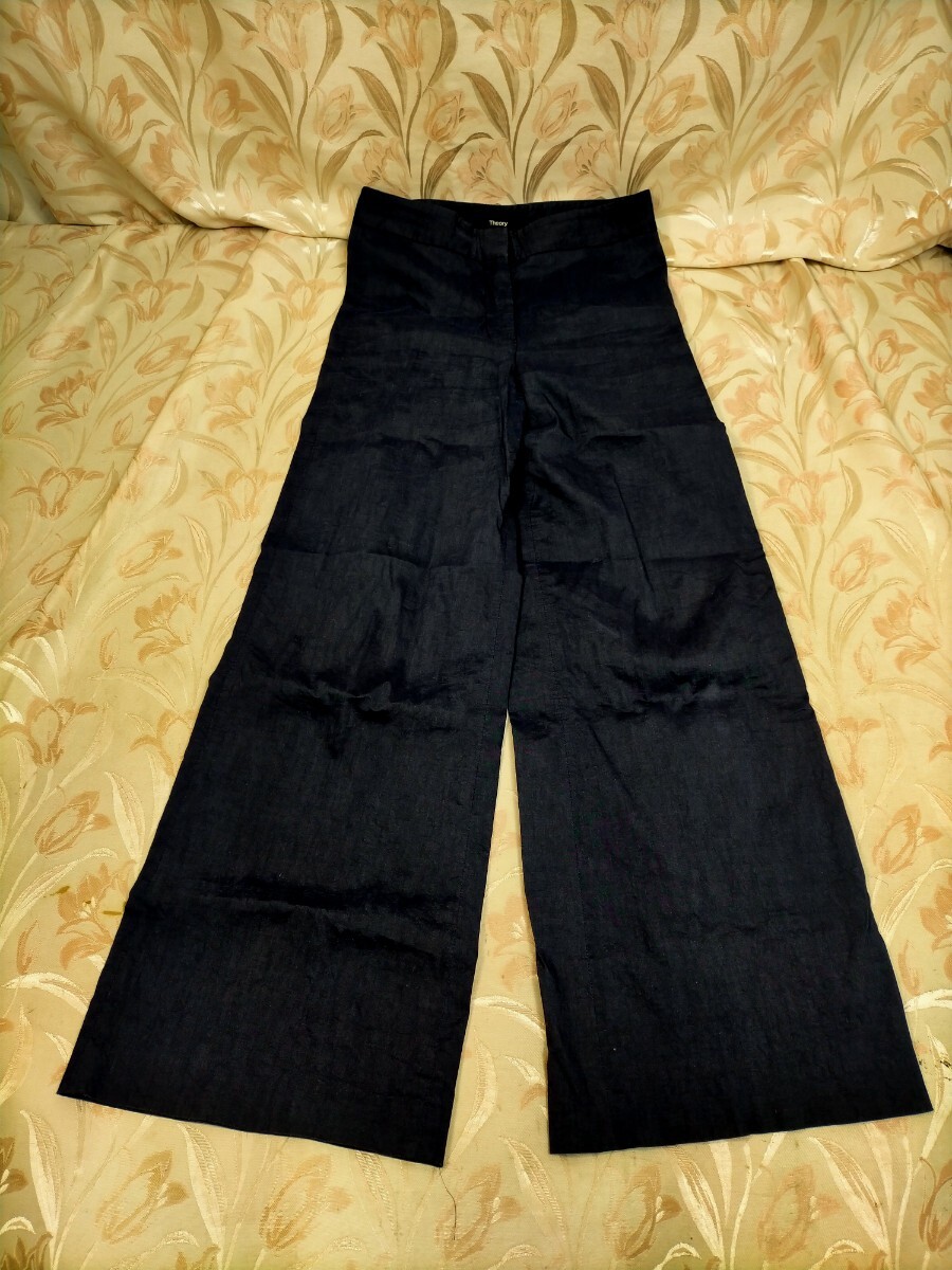 Theory セオリー ワイドパンツ サイズxxo 麻62% レーヨン36% 春 紺色・拍卖