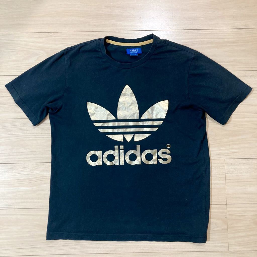 adidas アディダス Tシャツ 半袖シャツ XOサイズ 黒 金 トレフォイルロゴ デカロゴ拍卖