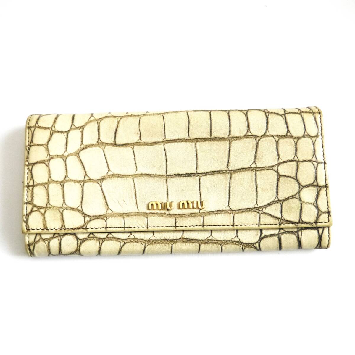 $ 美品 $ 激レア ■ miumiu ■ ミュウミュウ ■ クロコダイル型 本革 レザー製 ■ 2つ折り 長財布 ■ 伊製■ 白系 アイボリー系■ 送料無料拍卖