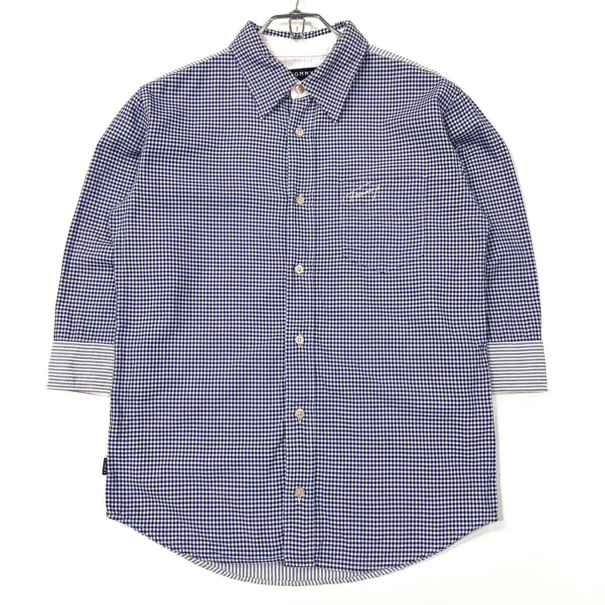 TOMMY(トミー)長袖シャツ 五分袖 刺繍ロゴ ギンガムチェック ストライプ柄 メンズS ブルー系/ホワイト拍卖
