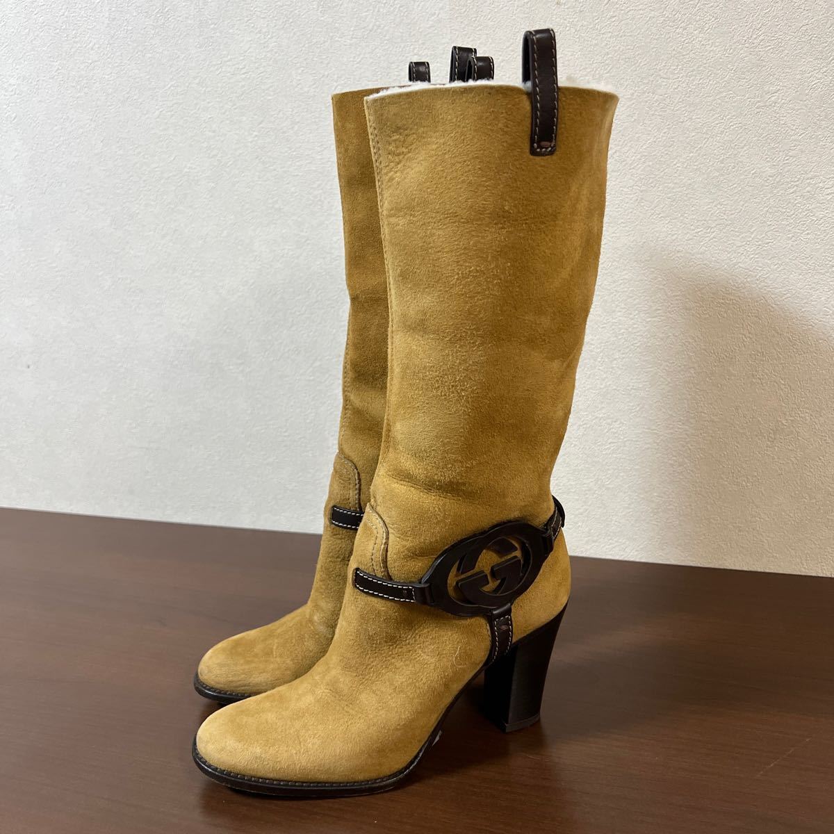 【良品】GUCCI グッチ GGロゴ ムートン ロングブーツ size 35 1/2 約22.5cm キャメル拍卖