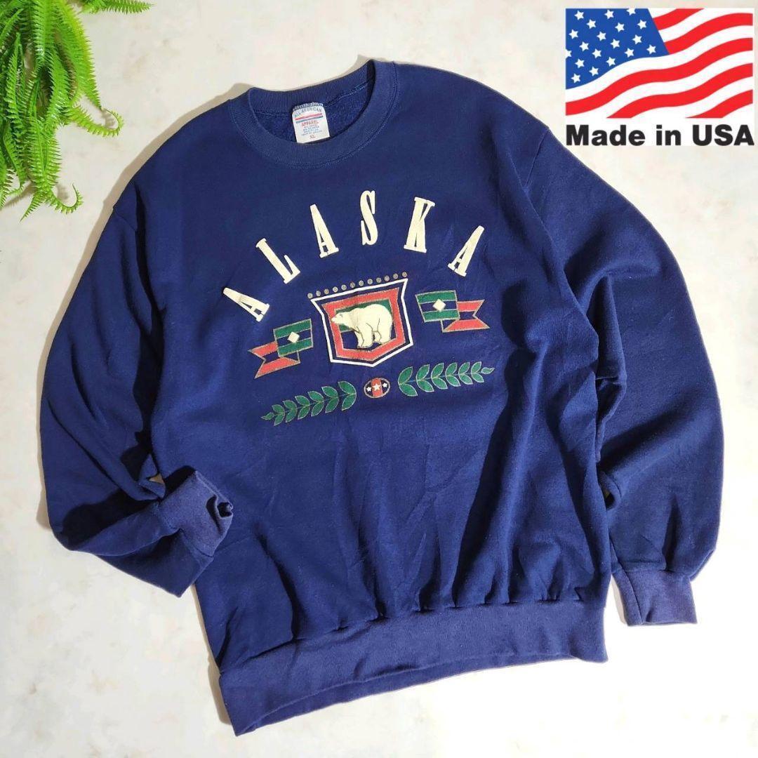 USA製 アラスカ・白熊プリント・スウェット・ネイビー・スーベニア 表記サイズXL アメリカ古着 ALL AMERICAN APPAREL 動物アニマル 90年代拍卖