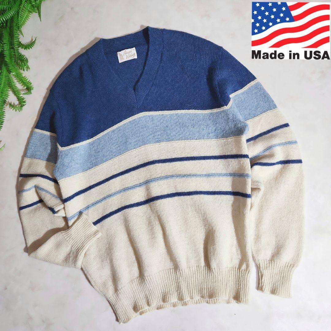 USA製 Royal Viking Vネック・ボーダー柄ニット オフホワイト 水色 ネイビー 五点で送料無料 82934拍卖