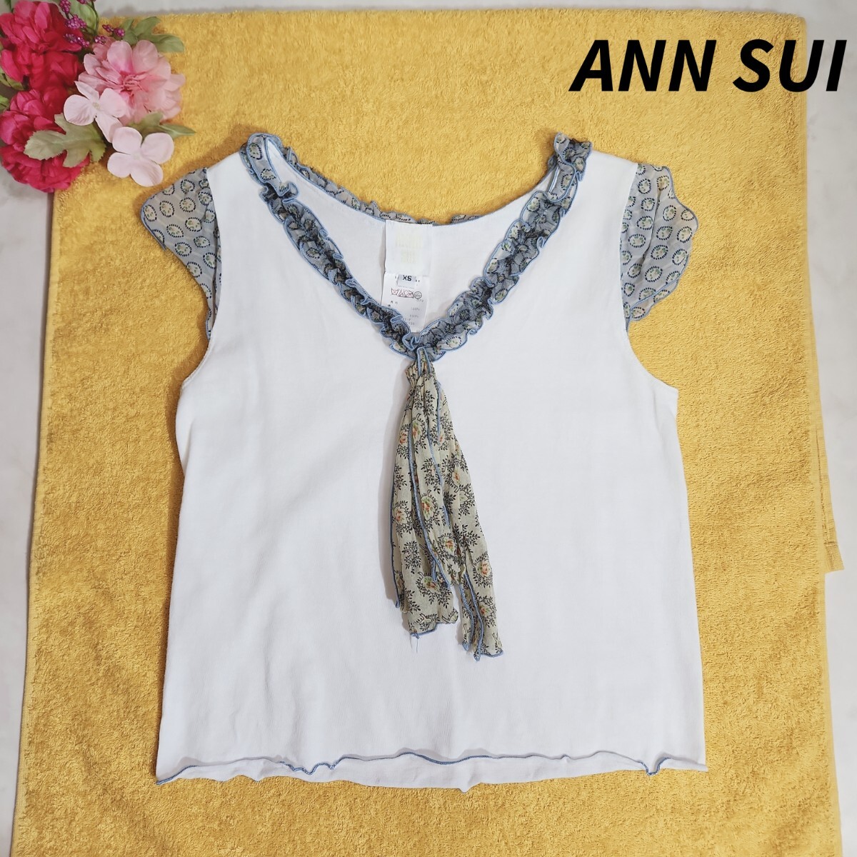 ANNA SUI フリル飾り ボウタイ付き ノースリーブ Tシャツ生地 XS 白 アナスイ 五点で送料無料 83209拍卖