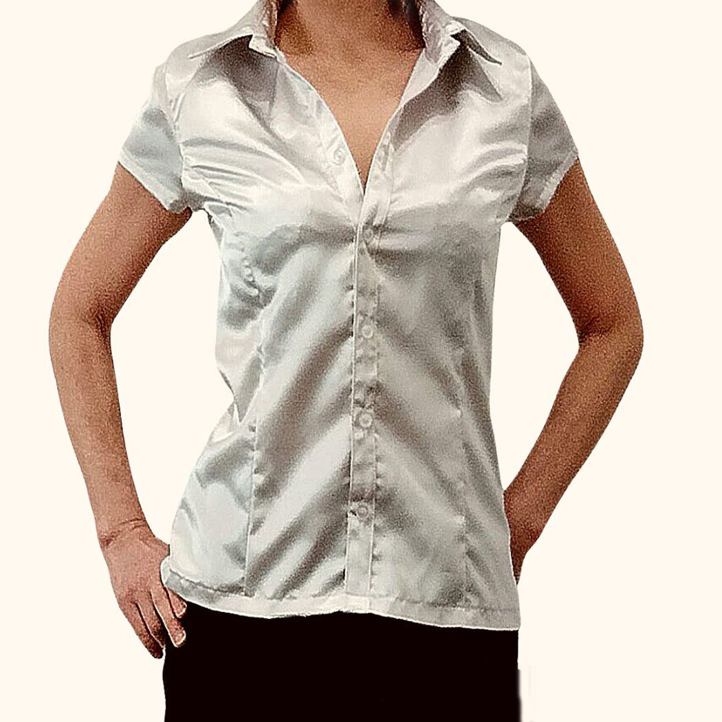 シルバーグレー 半袖ブラウス レディース オフィス フレンチ サテン 光沢 胸の谷間 胸元セクシー SEXY 無地ブラウス OL 秘書 日本製拍卖