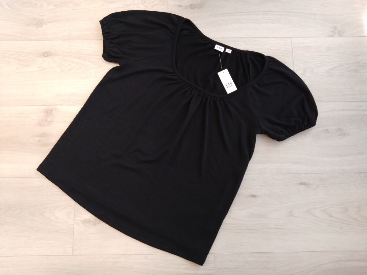 新品★GAP★半袖シャーリングカットソー★XXS日本7号★とろみ素材/ギャザー/ブラック黒/パフスリーブ/ギャップ/定価2990円拍卖