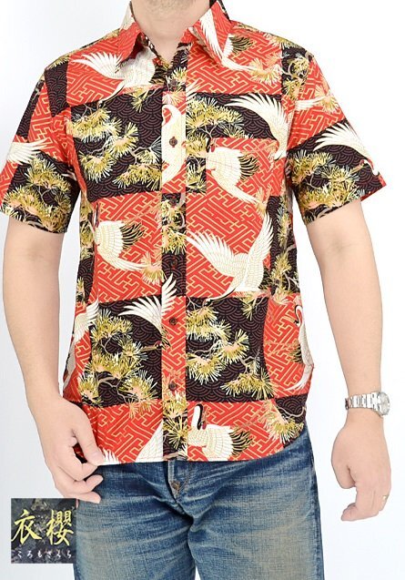 半袖レギュラーシャツ「鶴松格子」 ◆衣櫻 レッド Mサイズ SA-1614 和柄 和風 日本製 国産 総柄 ツル拍卖