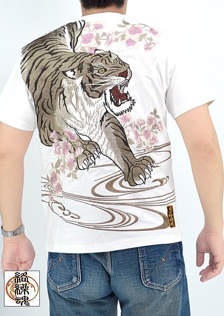 粋 信長の銀燭虎半袖Tシャツ◆絡繰魂 ホワイトXLサイズ 242063 和柄 和風 刺繍 トラ からくり拍卖