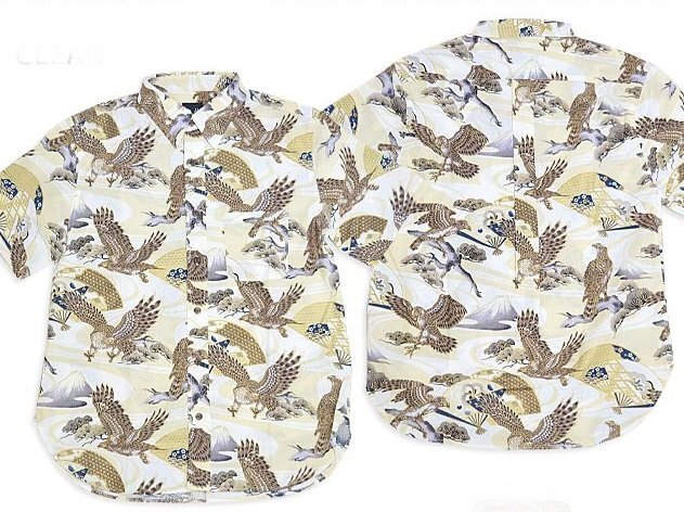 半袖レギュラーシャツ「鷹」◆衣櫻 クリーム Lサイズ SA-1615 和柄 和風 日本製 国産 総柄 タカ拍卖