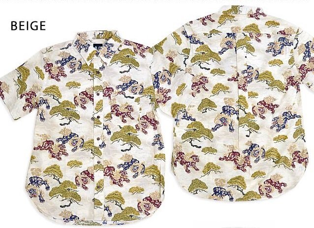 半袖レギュラーシャツ「唐獅子」◆衣櫻 ベージュ Mサイズ SA-1616 和柄 和風 日本製 国産 総柄拍卖