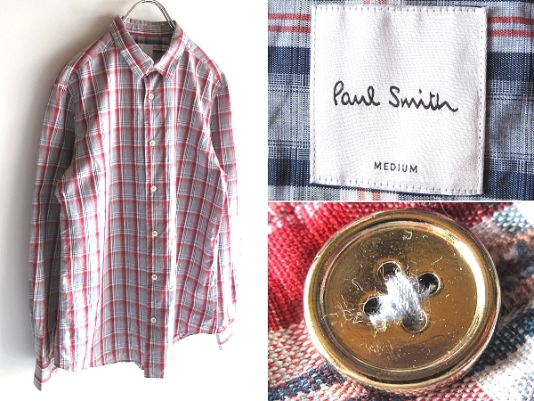 ネコポス対応 Paul Smith ポールスミス 2021SS トップ金ボタン 袖裏切替 リネンコットン チェックシャツ M グレー バーガンディ 日本製拍卖