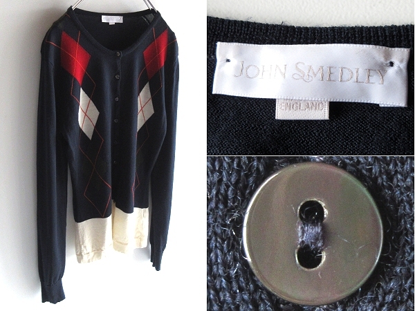 英国製 JOHN SMEDLEY ジョンスメドレー メリノウール アーガイル柄 ハイゲージニット カーディガン S ネイビー ホワイト レッド 国内正規品拍卖