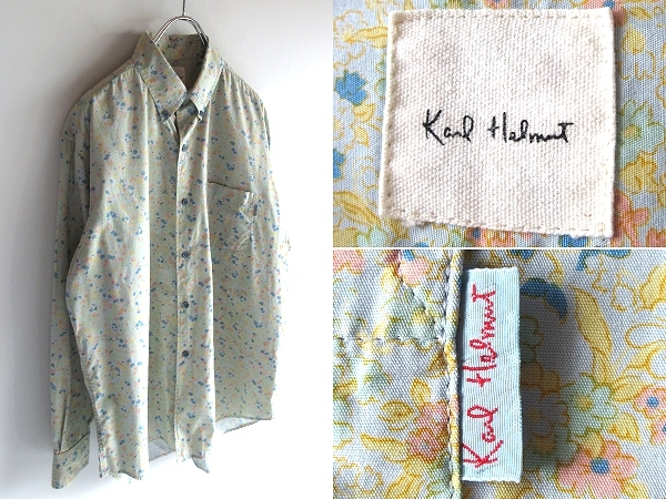 ネコポス対応 Karl Helmut カールヘルム ロゴピスネーム コットン 花柄 フラワー柄 BDシャツ M ピンクハウス PINK HOUSE カネコイサオ拍卖