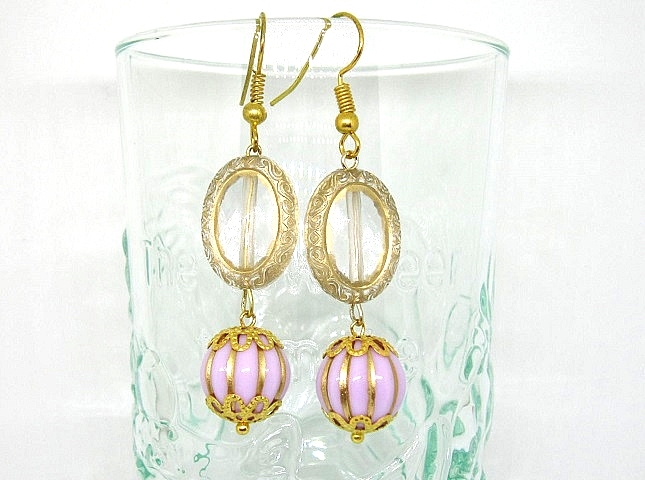 ★オーバルのオールドデザインピアス イヤリング メロンボール パープル ゴシック 大きめ拍卖