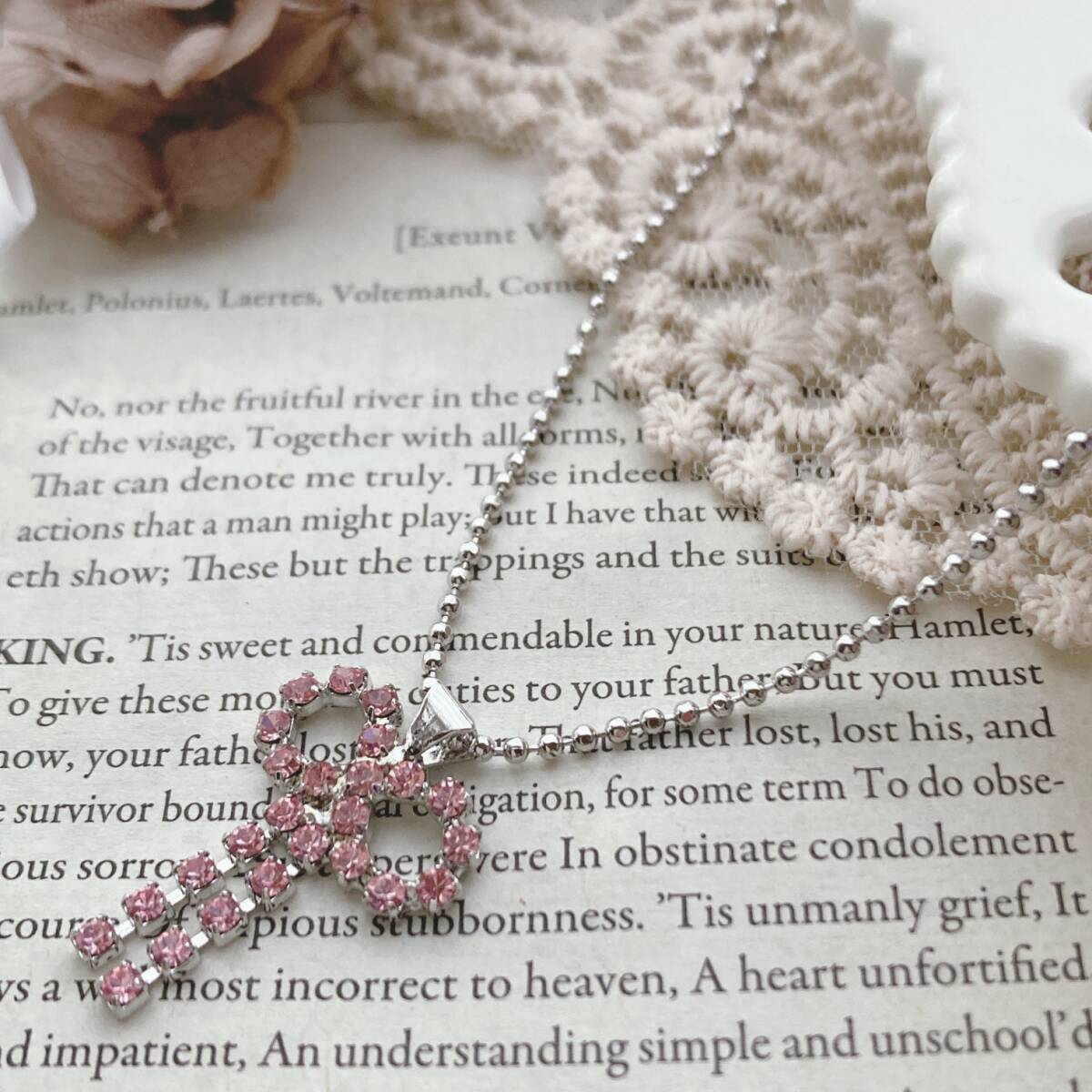 ネックレス ラインストーン リボン ピンク シルバーカラー キラキラ ボールチェーン 美品☆Vintage jewelry accessories k0275拍卖