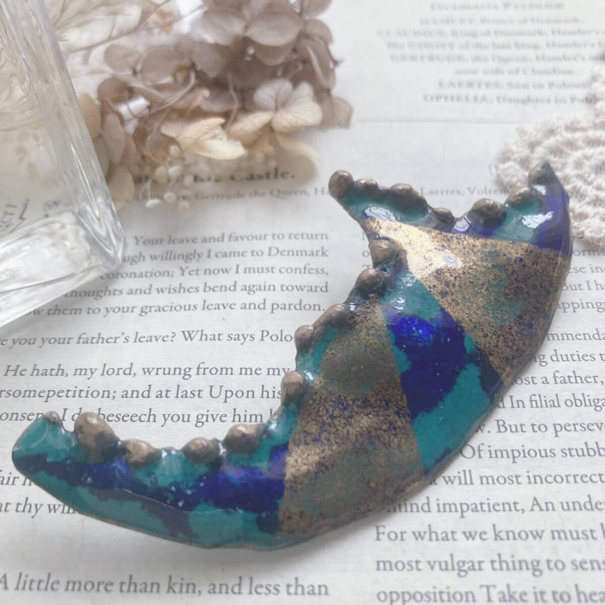 ヴィンテージブローチ 焼き物 ブルー ゴールド☆japan Vintage jewelry accessories k0334拍卖