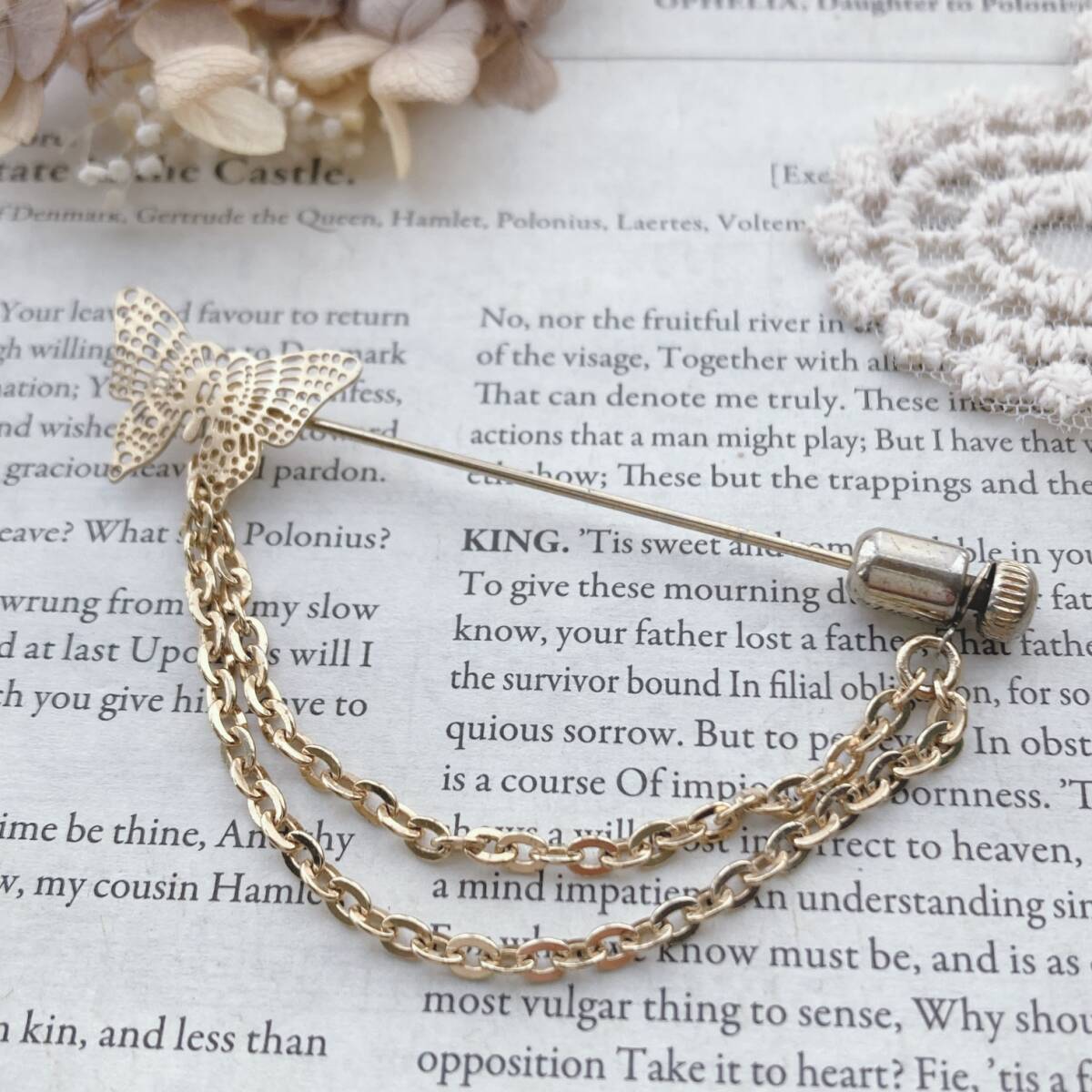 ラベルピン スティック ヴィンテージ ゴールド チェーン バタフライ 蝶 美品☆japan Vintage jewelry accessories k0391拍卖