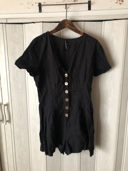 ◆trf/ZARA/黒の半袖リネンサロペット/L◆sp拍卖