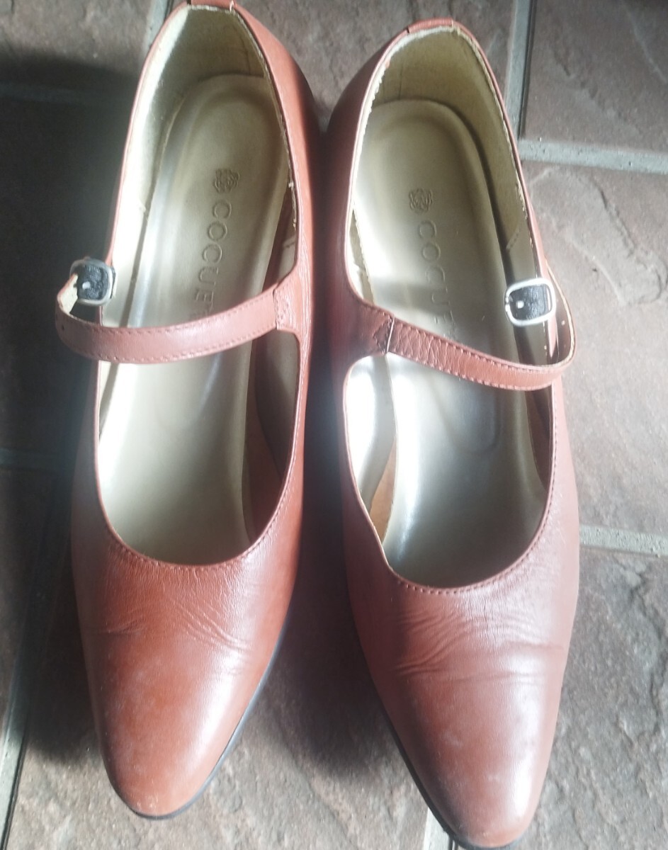 コキュ メリージェーン 茶ワンストップ太ヒール ポインテッドトゥパンプス 難有り拍卖