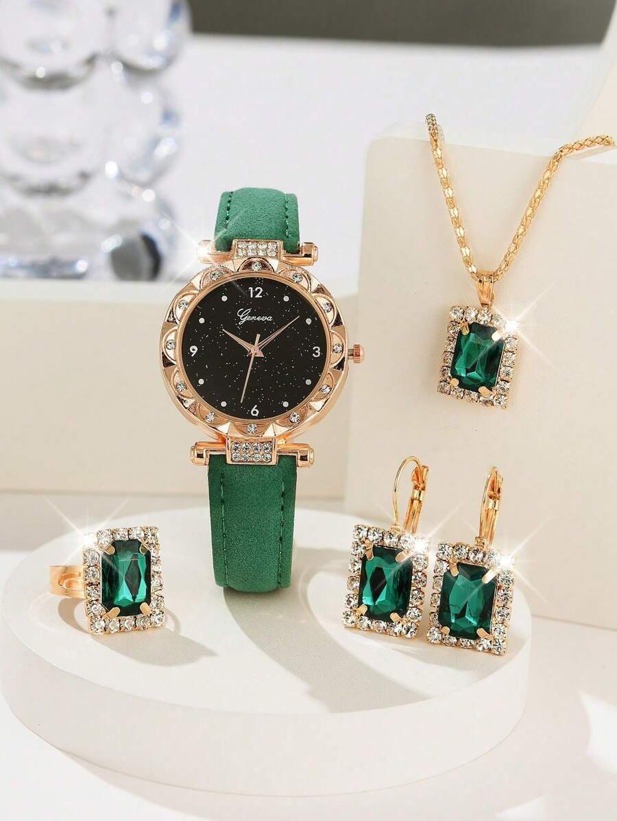 腕時計 レディース セット 5点セット 女性用 グリーン レザー クオーツ腕時計 ネックレス リング イヤリング付き拍卖