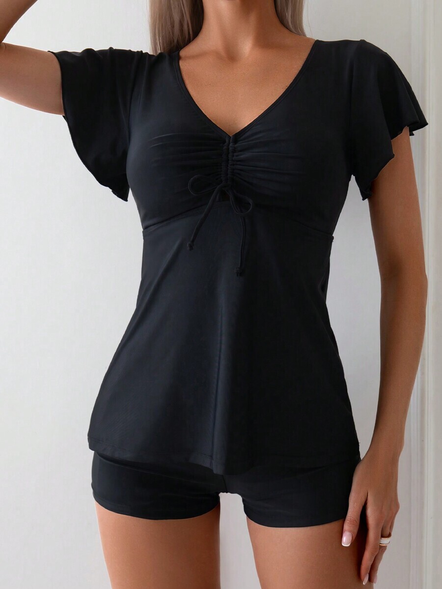 レディース 水着 ビキニセット 女性用 ビーチ用水着 2点セット 半袖トップス&ショートパンツ ワンカラー 単色拍卖