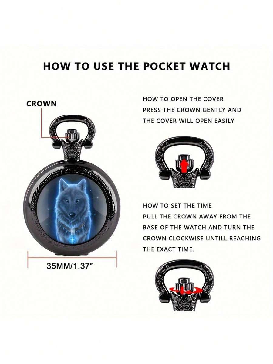 腕時計 メンズ クォーツ 狼柄パッチガラス丸型クオーツポケットウォッチ、メンズファッションクオーツポケットウォッチチェーン付き、ユ拍卖