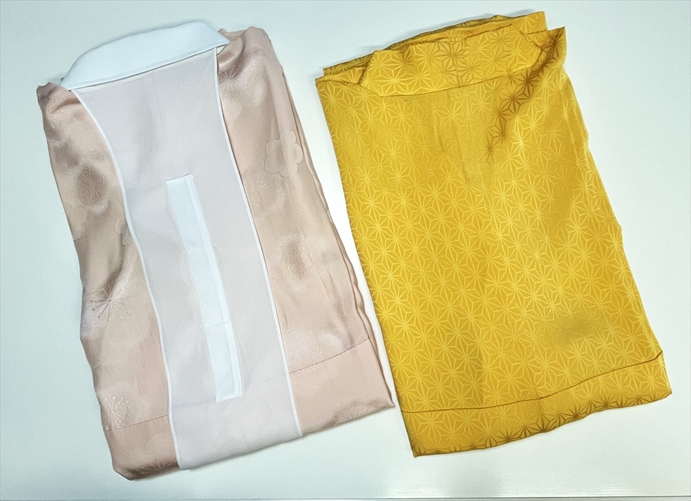 花とら●リサイクル長襦袢 正絹 2枚まとめて 黄色 山吹色 麻の葉 ピンク 梅花 美容衿 装道 240402拍卖