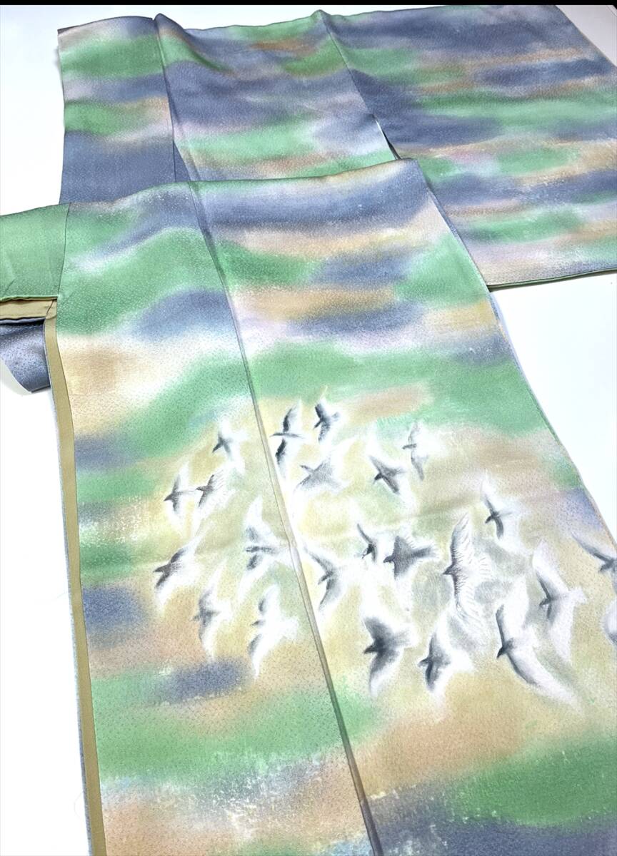 花とら●リサイクル着物 訪問着 パステル 鳥 刺繍 黄緑 灰水色 クリーム色 リメイク 素材 240403拍卖