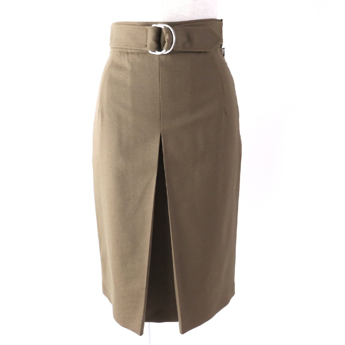 極美品△HERMES エルメス 2022年製 2H304DN ウール ベルト風金具付き タック スカート カーキ 34 フランス製 正規品 レディース オススメ拍卖